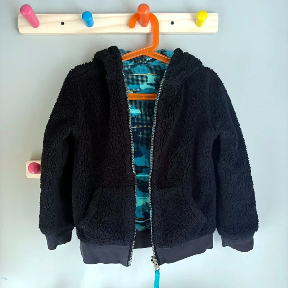 Lands' End Kids Reversible Sherpa Fleece Hoodie in Blue Graphic Camo Print